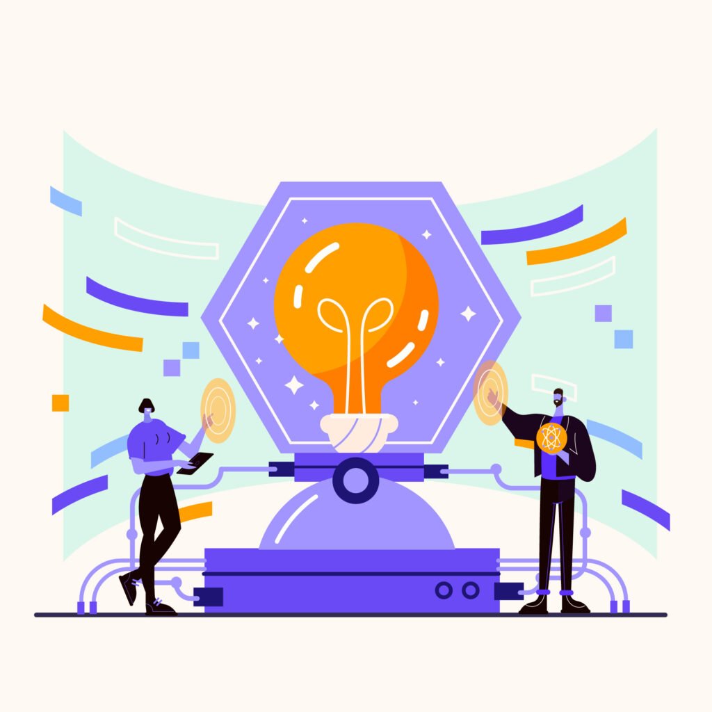 a group of people standing next to a large light bulb