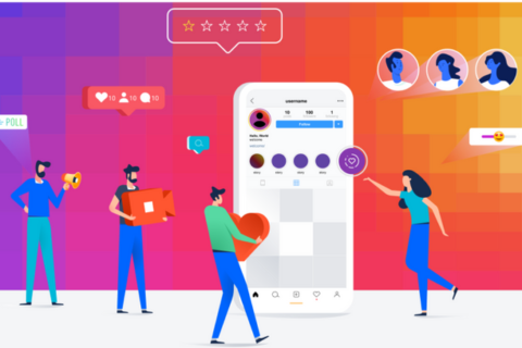 a group of people standing around a large cellphone