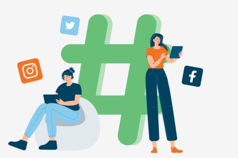 a group of people with a hashtag symbol
