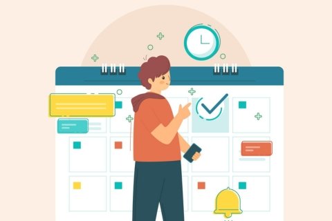 A person managing a schedule on a large calendar with reminders and tasks